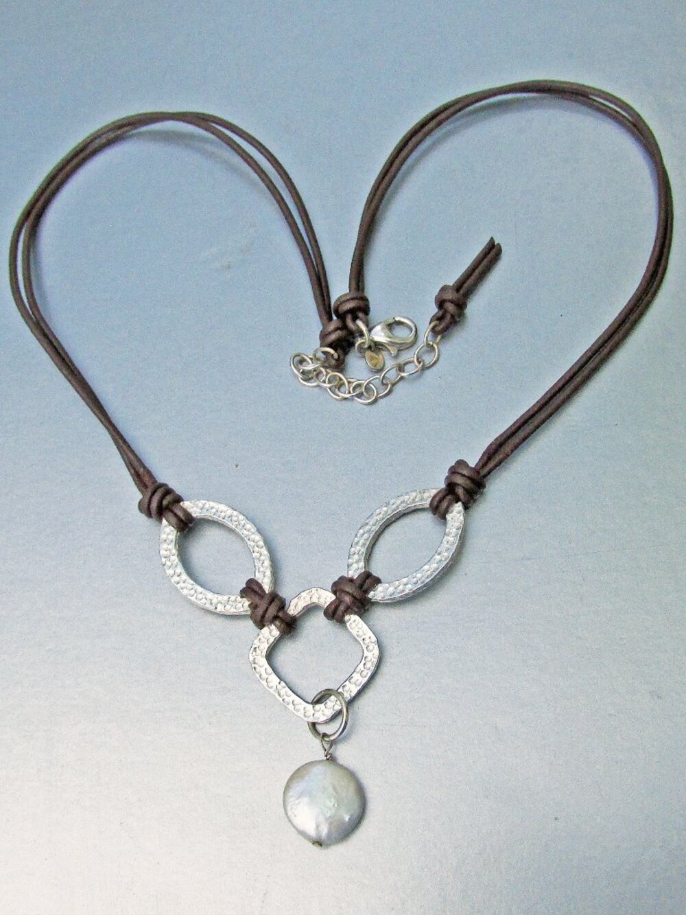 Signed SILPADA Hammered Sterling Silver Coin Pearl Cord Necklace N1257